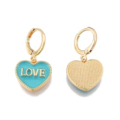 Medium Turquoise Heart with Word Love Enamel Dangle Leverback Earrings, Real 18K Gold Plated Brass Jewelry for Women, Cadmium Free & Nickel Free & Lead Free, Medium Turquoise, 28mm, Pin: 1mm