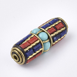 Colorful Handmade Indonesia Beads, with Brass Findings, Oval, Golden, Colorful, 33.5x13mm, Hole: 2mm