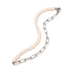 Blanc Collier de perles de perles naturelles vintage pour fille femme, 304 collier chaîne trombone en acier inoxydable, blanc, 16.57 pouce (42.1 cm)