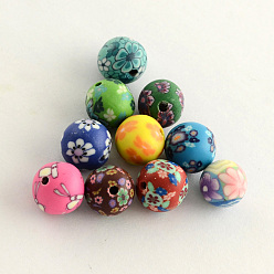 Mixed Color Handmade Flower Pattern Polymer Clay Beads, Round, Mixed Color, 9~10mm, Hole: 1~2mm