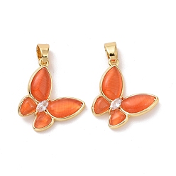 Orange Red Butterfly Brass Micro Pave Clear Cubic Zirconia  Pendants, with Cat Eye, Cadmium Free & Lead Free, Real 18K Gold Plated, Orange Red, 21x19x4mm, Hole: 3.3x4.3mm