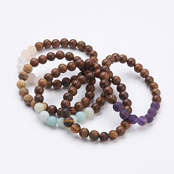 Mixed Stone Wood Beaded Stretch Bracelets, with Gemstone Beads and Burlap Packing Pouches Drawstring Bags, 2 inch(52mm), 5strands/set