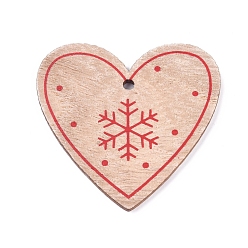 BurlyWood Poplar Wood Pendants, Heart with Snowflake, for Christmas, Dyed, BurlyWood, 48x49.5x2.5mm, Hole: 3mm