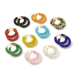 Mixed Color Glass Seed Beaded Hoop Earrings for Women, Real 18K Gold Plated Big Circle Brass Hoop Earrings, Mixed Color, 44x45x8.5mm, Pin: 1.4x0.4mm