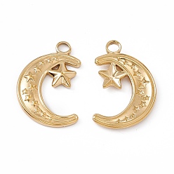 Real 18K Gold Plated Ion Plating(IP) 304 Stainless Steel Pendants, Moon with Star, Real 18K Gold Plated, 24x16x2mm, Hole: 3mm