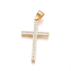 Oro Revestimiento iónico (ip) 304 colgantes de acero inoxidable, con diamantes de imitación de arcilla polimérica, cruzar, cristal, dorado, 43.5x25x3 mm, agujero: 5.5x7.5 mm