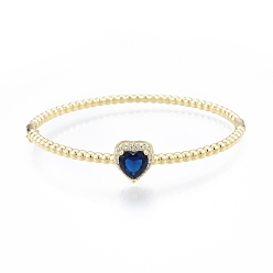 Azul de Medianoche Brazalete con corazón de circonitas cúbicas, joyas de latón chapado en oro real 18k para mujer, azul medianoche, diámetro interior: 2x2-3/8 pulgada (5x5.9 cm)