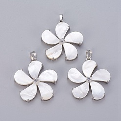 White Shell Natural White Shell Mother of Pearl Shell Pendants, with Platinum Tone Brass Findings and Rhinestone, Flower, 40.5x37.5x7.5mm, Hole: 5x8mm