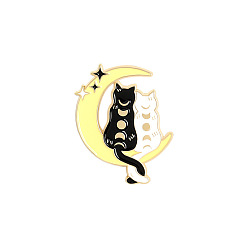 Champagne Yellow Cat with Moon Enamel Pin, Light Gold Plated Alloy Badge for Backpack Clothes, Champagne Yellow, 30x22mm