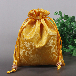 Oro Bolsas de embalaje de joyería de satén con estampado de flores de estilo chino, bolsas de regalo con cordón, Rectángulo, oro, 14x11 cm