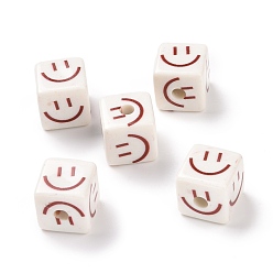 FireBrick Opaque Printed Acrylic Beads, Cube with Smiling Face Pattern, FireBrick, 13.5x13.5x13.5mm, Hole: 3.8mm