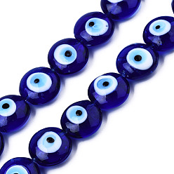 Medium Blue Handmade Evil Eye Lampwork Beads Strands, Flat Round, Medium Blue, 14~16x16~17x8.5~9mm, Hole: 1mm, about 25pcs/strand, 14.96 inch(38cm)
