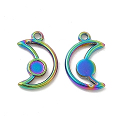 Rainbow Color Ion Plating(IP) 304 Stainless Steel Pendants Cabochon Settings, Moon with Round Tray, Rainbow Color, 18x11x2mm, Hole: 1.6mm, Tray: 4mm