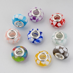 Mixed Color Resin European Beads, Large Hole Beads, with Platinum Tone Brass Double Cores, Rondelle, Mixed Color, 14x9mm, Hole: 5mm