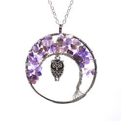 Amethyst Natural Amethyst Chip Owl with Tree of Life Pendant Necklaces, Curb Chain Necklace for Women, 20-7/8 inch(53cm)