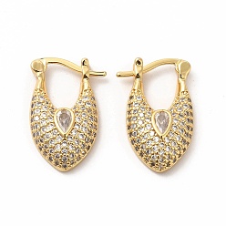 Golden Clear Cubic Zirconia Teardrop Hoop Earrings with Glass, Brass Jewelry for Women, Golden, 22x14x4.5mm, Pin: 1x0.6mm