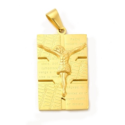 Oro Revestimiento iónico (ip) 304 colgantes de religión de acero inoxidable, rectángulo con amuletos de jesús con ganchos a presión, dorado, 41.5x23.5x5.5 mm, agujero: 9x4 mm