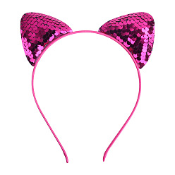 Hot Pink Cat Ears with Reversible Sequins Cloth Head Bands, Hair Accessories for Girls, Hot Pink, 150x188x9mm