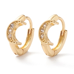 Real 18K Gold Plated Brass Micro Pave Clear Cubic Zirconia Huggie Hoop Earrings, Ring with Moon, Real 18K Gold Plated, 13x12.5x2mm, Pin: 0.8mm