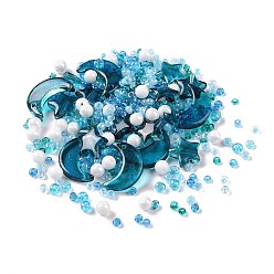 Bleu Moyen  Kit de recherche de fabrication de bijoux de bricolage, verre et perles de rocaille, rond & étoile & lune, bleu moyen, 2~16x2~12x3~7mm, Trou: 0.8~1.2mm