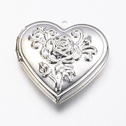 Silver Brass Locket Pendants, Heart with Rose, Silver Color Plated, 29x29x7.5mm, Hole: 2mm
