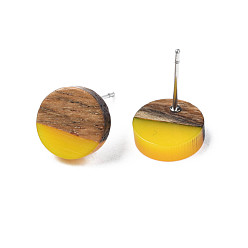 Gold Opaque Resin & Walnut Wood Stud Earrings, with 316 Stainless Steel Pins, Flat Round, Gold, 10mm, Pin: 0.7mm