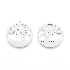Stainless Steel Color Halloween 201 Stainless Steel Pendants, Laser Cut, Flat Round, Ghost Tree with Bat, Stainless Steel Color, 34x32x1mm, Hole: 1.5mm