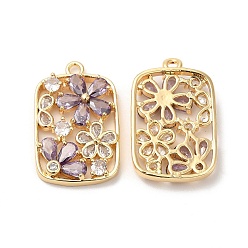 Medium Purple Real 18K Gold Plated Brass Pendant, with Glass, Rectangle with Flower Charms, Medium Purple, 25.5x16x4.5mm, Hole: 1.6mm