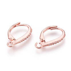 Rose Gold Brass Micro Pave Cubic Zirconia Leverback Earring Findings, with Loop, Clear, Rose Gold, 17x11x1.5mm, Hole: 1.5mm