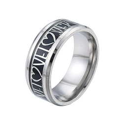 Stainless Steel Color Two Tone 201 Stainless Steel Word Love Finger Ring for Women, Electrophoresis Black & Stainless Steel Color, Inner Diameter: 17mm