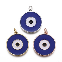 Mixed Color Brass Enamel Pendants, with Jump Rings, Long-Lasting Plated, Flat Round with Midnight Blue Evil Eye, Mixed Color, 22.5x20x2~2.5mm, Hole: 3mm