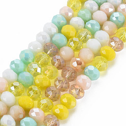 Jaune Perles en verre electroplate, de couleur plaquée ab , facette, rondelle, jaune, 7.5~8x6mm, Trou: 1.5mm, Environ 69~72 pcs/chapelet, 16.54 pouces~17.24 pouces (42cm~43.8cm)
