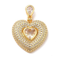 Clear Brass Micro Pave Cubic Zirconia Pendants, Long-Lasting Plated, Real 18K Gold Plated, Heart, Clear, 41.5mm, Hole: 8x4mm