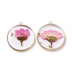Hot Pink Transparent Clear Epoxy Resin Pendants, with Edge Golden Plated Brass Loops and Gold Foil, Flat Round Charms with Inner Flower, Hot Pink, 33.8x30x4mm, Hole: 2.5mm