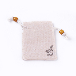 Antique White Burlap Packing Pouches, Drawstring Bags, with Wood Beads, Antique White, 10~10.1x8.2~8.3cm