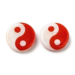 Red Printed Natural Freshwater Shell Beads, Yin Yang Flat Round Beads, Red, 15x3~3.5mm, Hole: 0.7mm