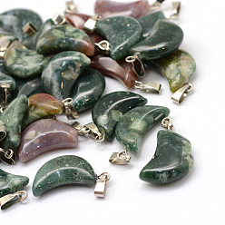 Indian Agate Moon Natural Indian Agate Pendants, with Platinum Tone Brass Findings, 21~24x12~14x5~6mm, Hole: 2x7mm