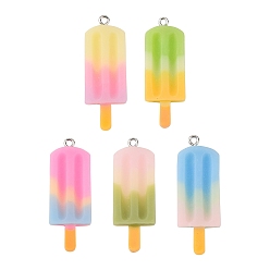 Mixed Color Rainbow Resin Pendants, with Platinum Tone Iron Loop, Ice Cream, Mixed Color, 41.5x14.5x5.5mm, Hole: 2mm