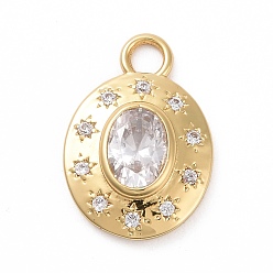 Clear Eco-friendly Brass Micro Pave Cubic Zirconia Pendants, Cadmium Free & Lead Free, Long-Lasting Plated, Golden, Oval with Star, Clear, 18x12.5x3.3mm, Hole: 2.6mm