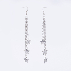Other Color 304 Stainless Steel Dangle Earrings, Tassel Earrings, with Brass Hook, Star, Other Color, 119mm, Pin: 0.6mm