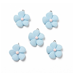 Light Sky Blue Opaque Resin Pendants, with Platinum Tone Iron Loops, 5-petal Flower Charm, Light Sky Blue, 29x25x7mm, Hole: 2mm