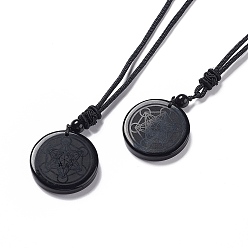Obsidian Natural Obsidian Flat Round with Hexagon Pendant Necklace with Nylon Cord for Women, 25.59~27.95 inch(65~71cm)