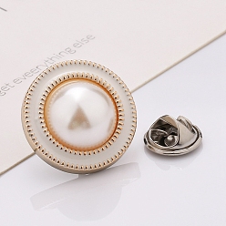 White Plastic Brooch, Alloy Pin, with Enamel, Imitation Pearl, for Garment Accessories, Round, White, 21mm