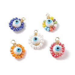 Mixed Color Handmade Lampwork & Glass Pendants, with Brass Findings, Round with Evil Eye, Mixed Color, 24x18x10mm, Hole: 3mm