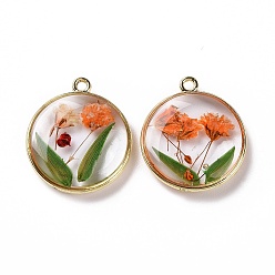 Orange Transparent Clear Epoxy Resin Pendants, with Edge Golden Plated Brass Loops, Flat Round Charms with Inner Flower, Orange, 22x19x3.8mm, Hole: 1.4mm