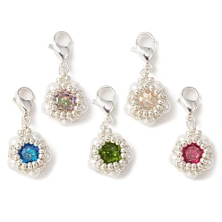 Color mezclado K9 decoración colgante de cuentas de perlas de concha y diamantes de imitación de vidrio, con 304 de acero inoxidable broches pinza de langosta, flor, color mezclado, 28.5~29.5 mm