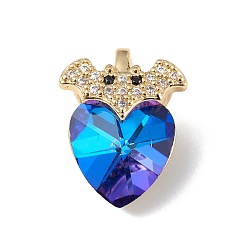Blue Real 18K Gold Plated Rack Plating Brass Micro Pave Clear Cubic Zirconia Pendants, with Glass, Long-Lasting Plated, Cadmium Free & Lead Free, Bat with Heart Charm, Blue, 18x14x9.5mm, Hole: 5x3mm