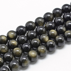 Obsidienne Dorée Brillance dorée naturelle perles obsidienne brins, Grade a, ronde, 8~9mm, Trou: 1mm, Environ 45~48 pcs/chapelet, 15.7 pouce