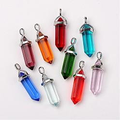 Mixed Color Bullet Glass Pointed Pendants, with Alloy Findings, Platinum, Mixed Color, 40x12mm, Hole: 3x4mm