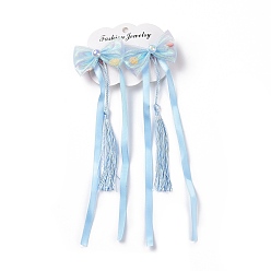 Azul Cielo Pinza de pelo de cocodrilo de cinta larga bowknot, con borlas de colores al azar, accesorios para el cabello hanfu para regalos de niñas adolescentes, luz azul cielo, 213~220x57~60x15~16 mm, 2 unidades / tarjeta